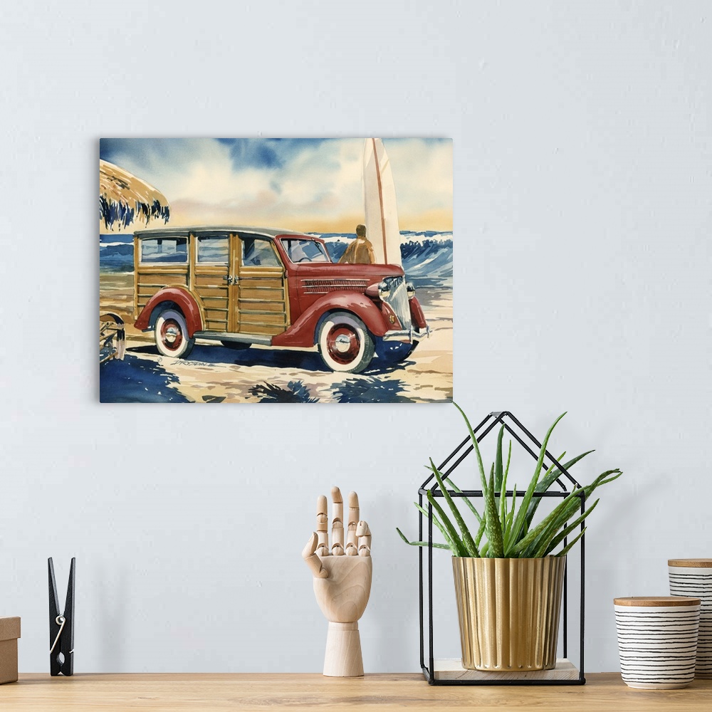A bohemian room featuring 1936 Ford Woodie wagon on the beach at Old Man's San Onofre, CA.