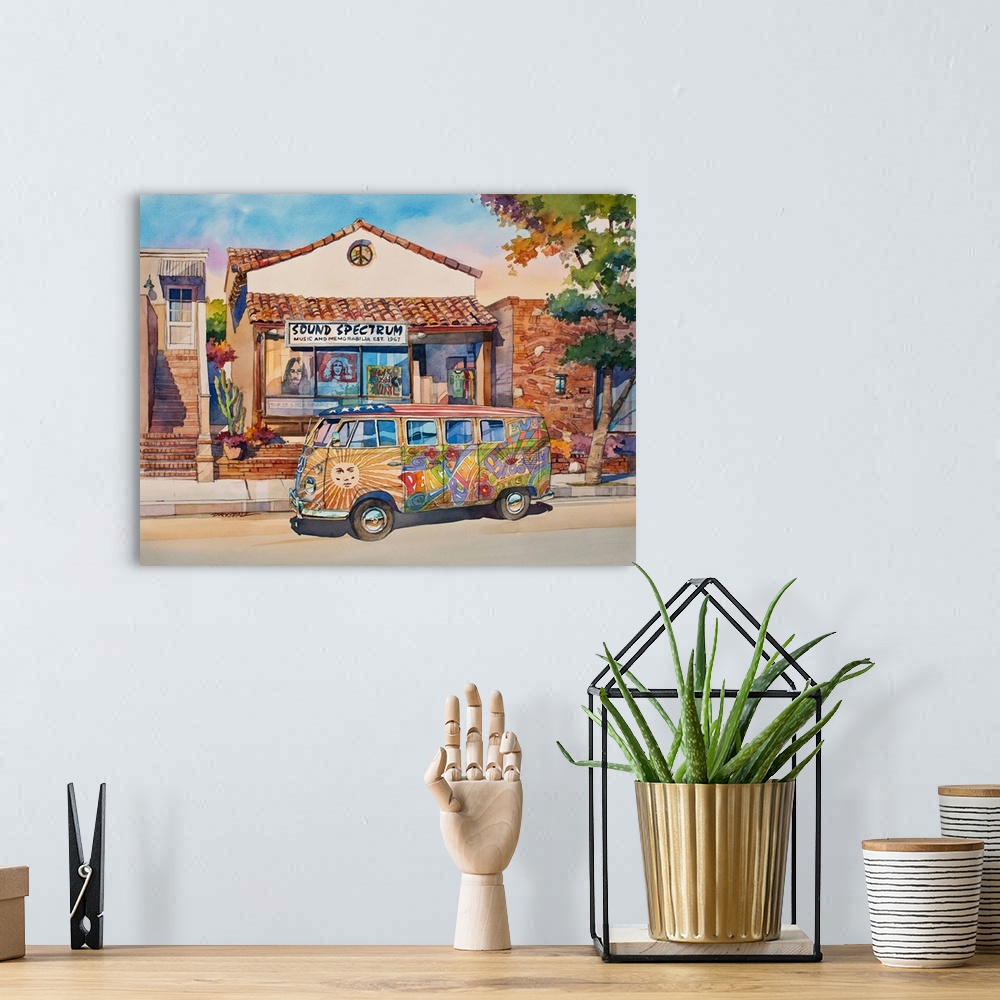 A bohemian room featuring Watercolor of a classic VW hippie van straight out of the 60's.  The scene is the Sound Spectrum ...