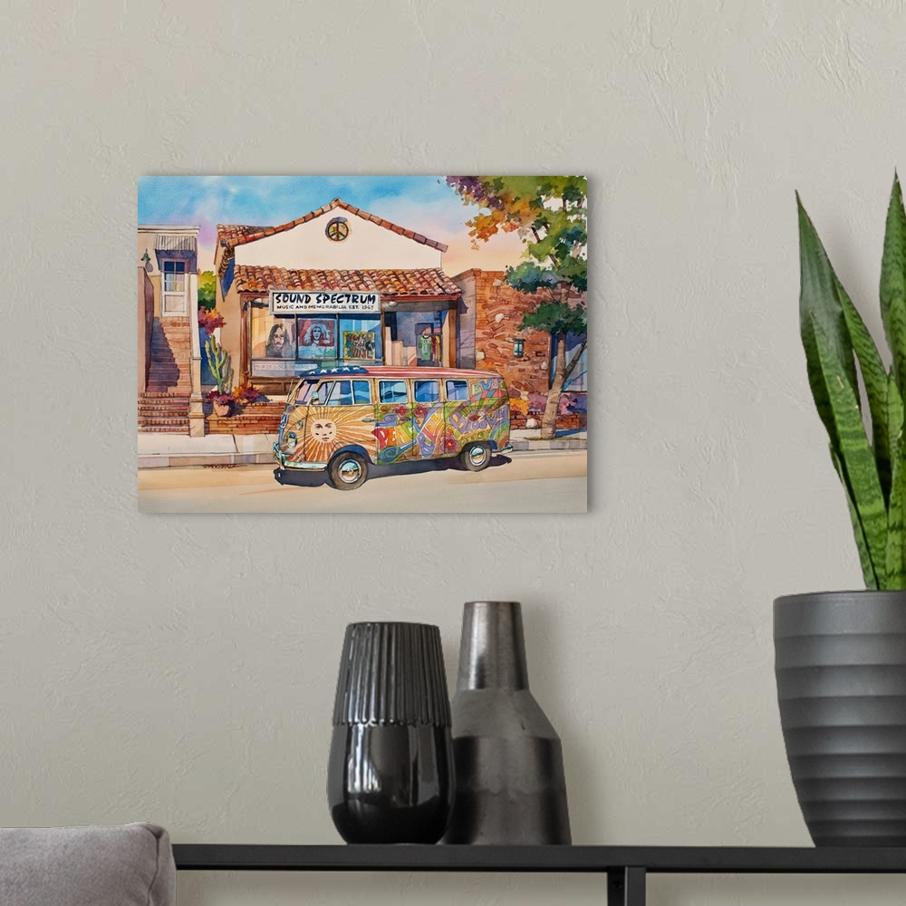 A modern room featuring Watercolor of a classic VW hippie van straight out of the 60's.  The scene is the Sound Spectrum ...