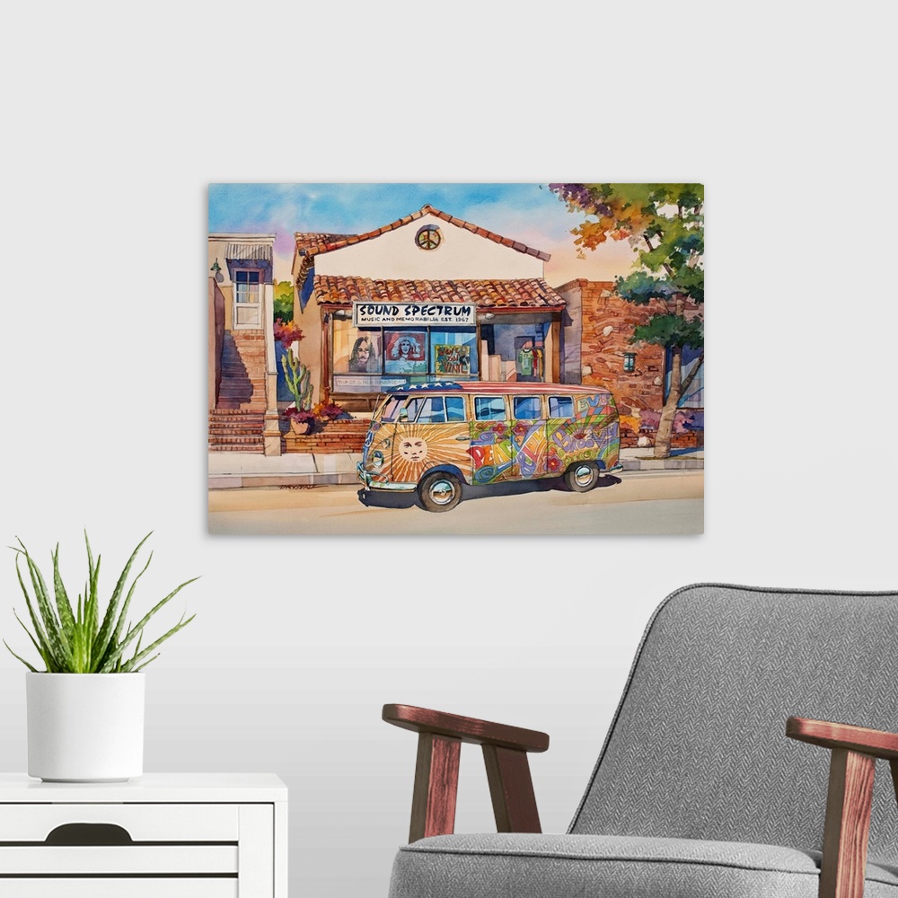 A modern room featuring Watercolor painting of a painted VW Bus parked in front of Sound Spectrum music and memorabilia s...