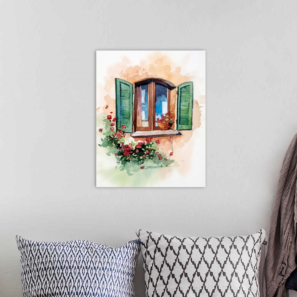 A bohemian room featuring Watercolor painting of a window with green shutters and flowers all around it in Tuscany, Italy.