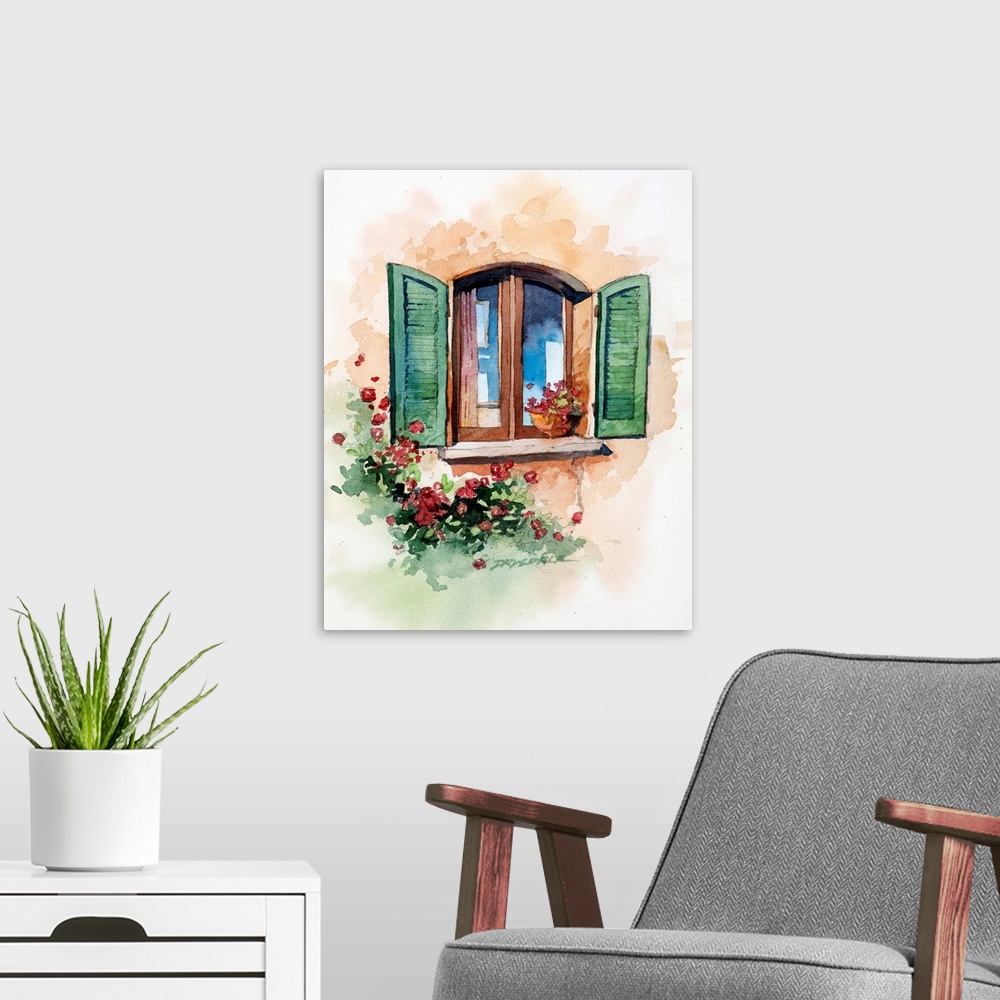 A modern room featuring Watercolor painting of a window with green shutters and flowers all around it in Tuscany, Italy.