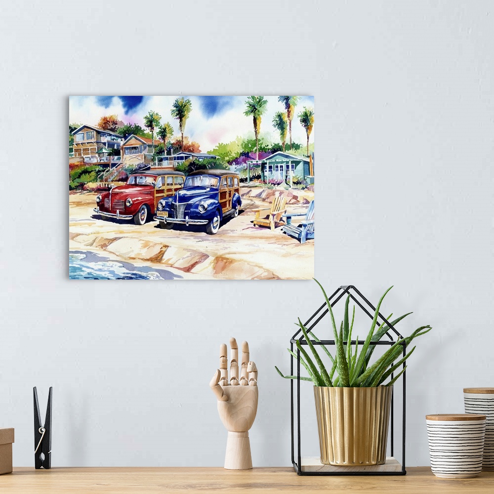 A bohemian room featuring Watercolor of two woodies on the beach at Crystal Cove, Laguna Beach, California.