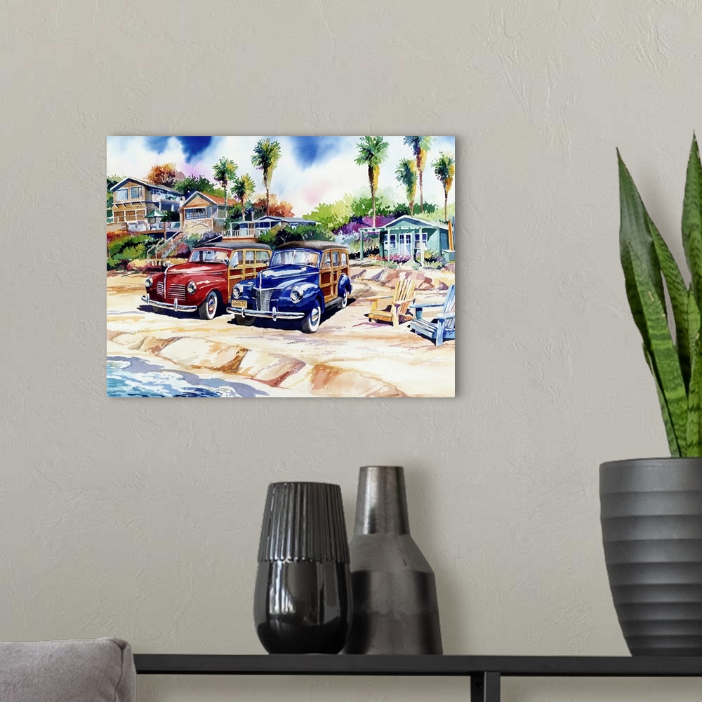 A modern room featuring Watercolor of two woodies on the beach at Crystal Cove, Laguna Beach, California.