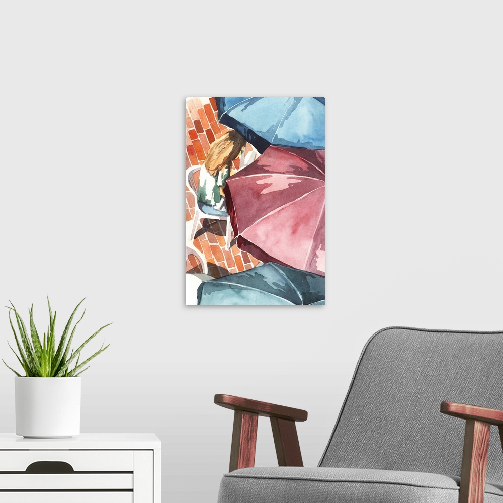 A modern room featuring Contemporary painting of a woman sitting in a chair underneath an umbrella, with two other umbrel...