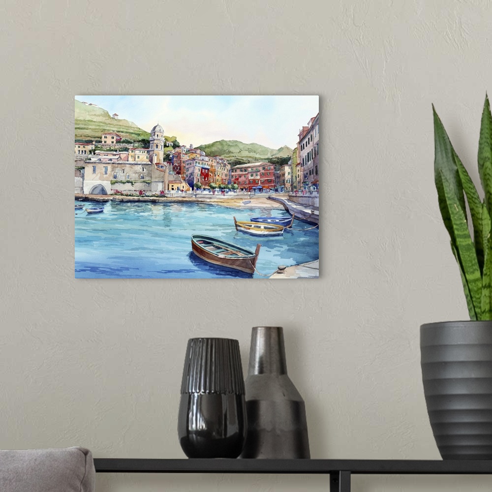 A modern room featuring Landscape watercolor painting of Vernazza, Cinque Terre, Italy
