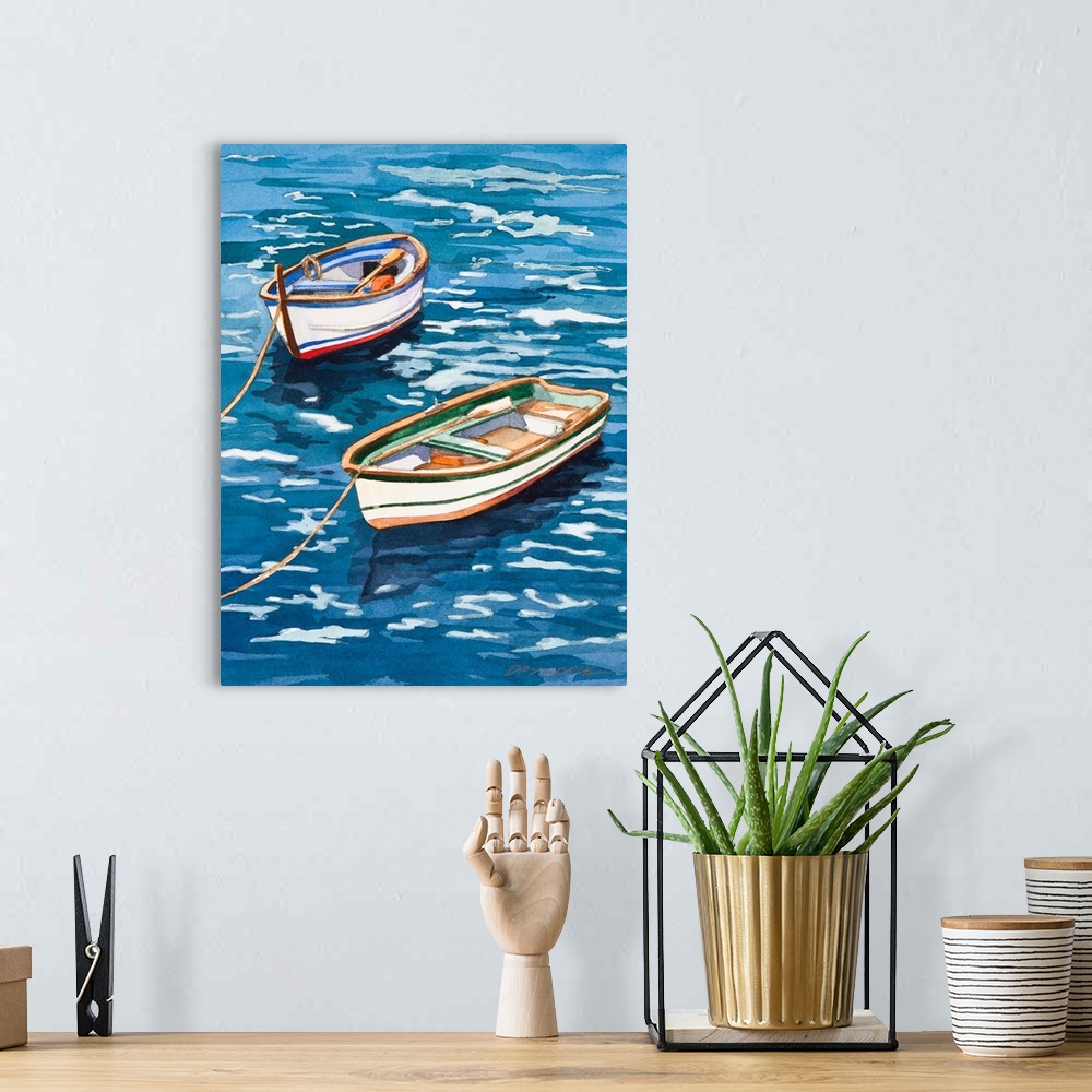 A bohemian room featuring Watercolor of two boats in Vernazza, Italy in Cinqueterra.