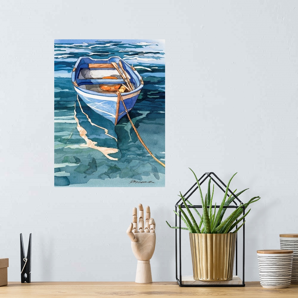 A bohemian room featuring Watercolor painting of a blue and white striped boat on the water in Italy