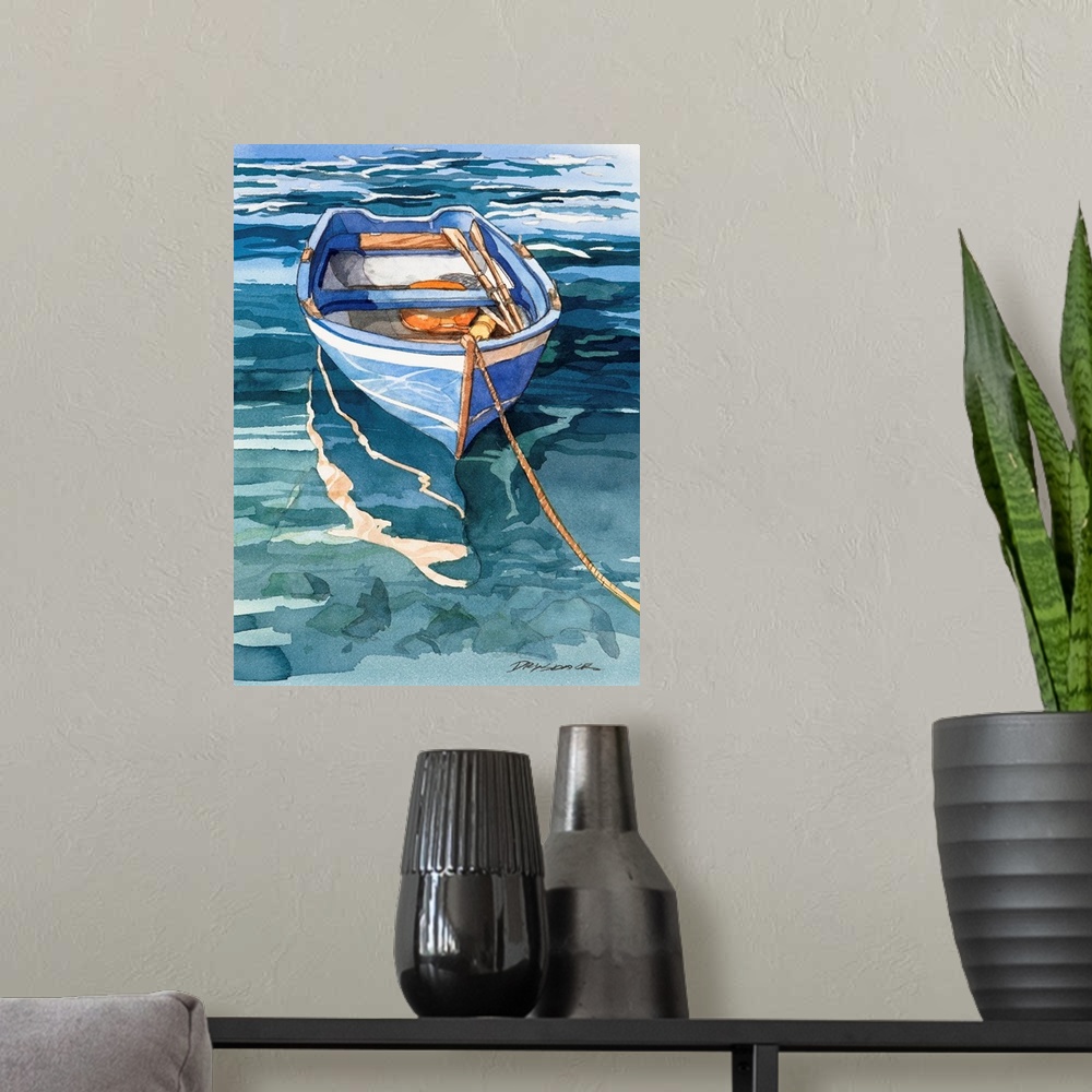 A modern room featuring Watercolor painting of a blue and white striped boat on the water in Italy
