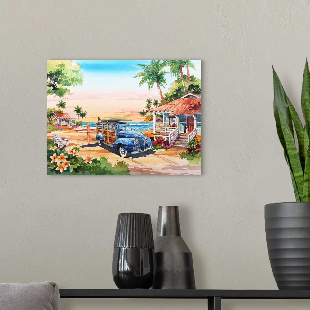 A modern room featuring Watercolor painting of a tropical surfing fantasy.