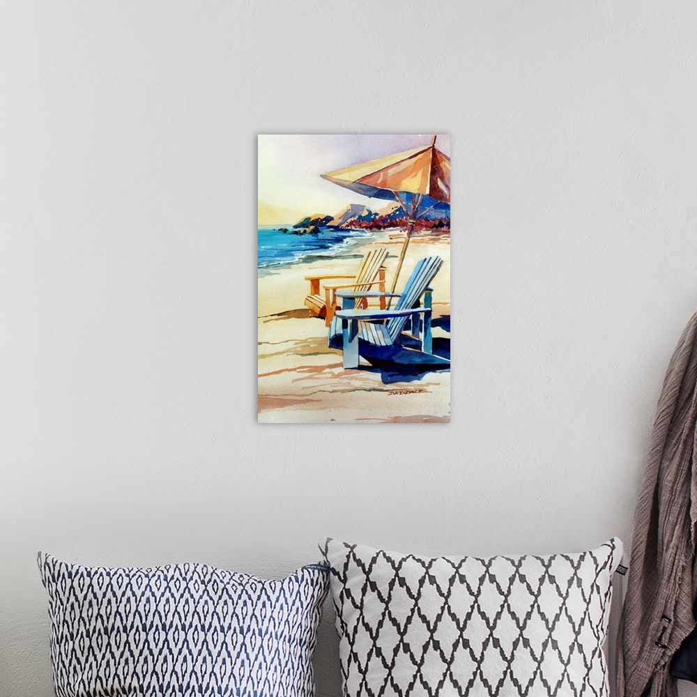 A bohemian room featuring Contemporary watercolor painting of two adirondack chairs and an umbrella on the beach.