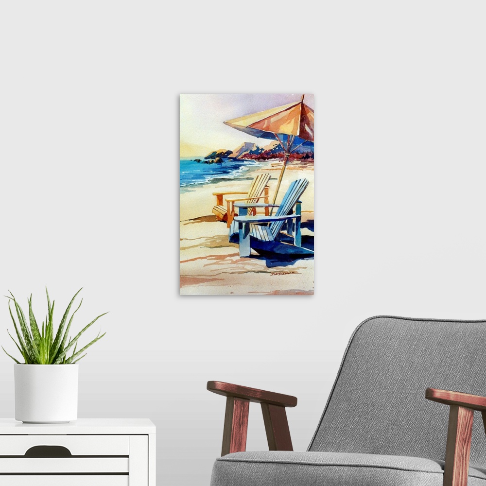 A modern room featuring Contemporary watercolor painting of two adirondack chairs and an umbrella on the beach.