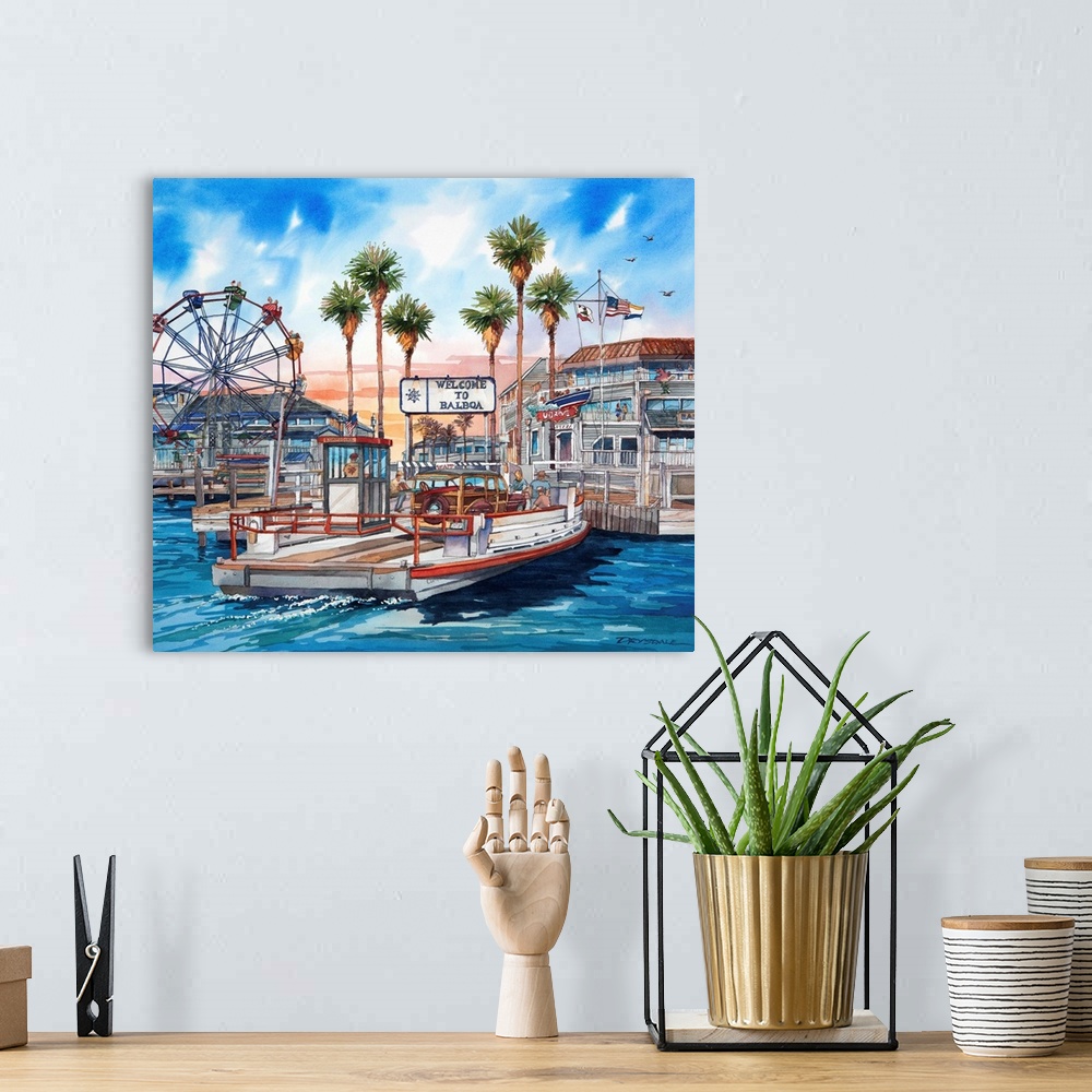 A bohemian room featuring Watercolor of the Balboa ferry in Newport Beach California, getting ready to dock at the fun zone.