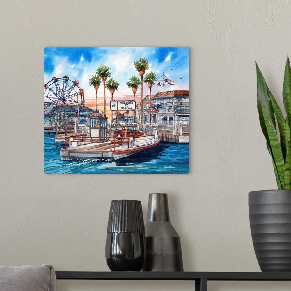 A modern room featuring Watercolor of the Balboa ferry in Newport Beach California, getting ready to dock at the fun zone.