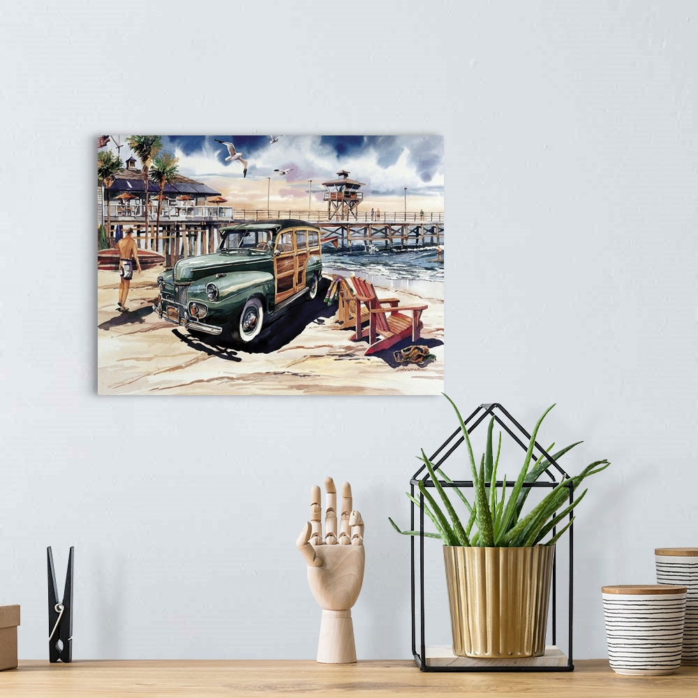 A bohemian room featuring Watercolor of a 1941 Ford Woodie at the San Clemente pier.