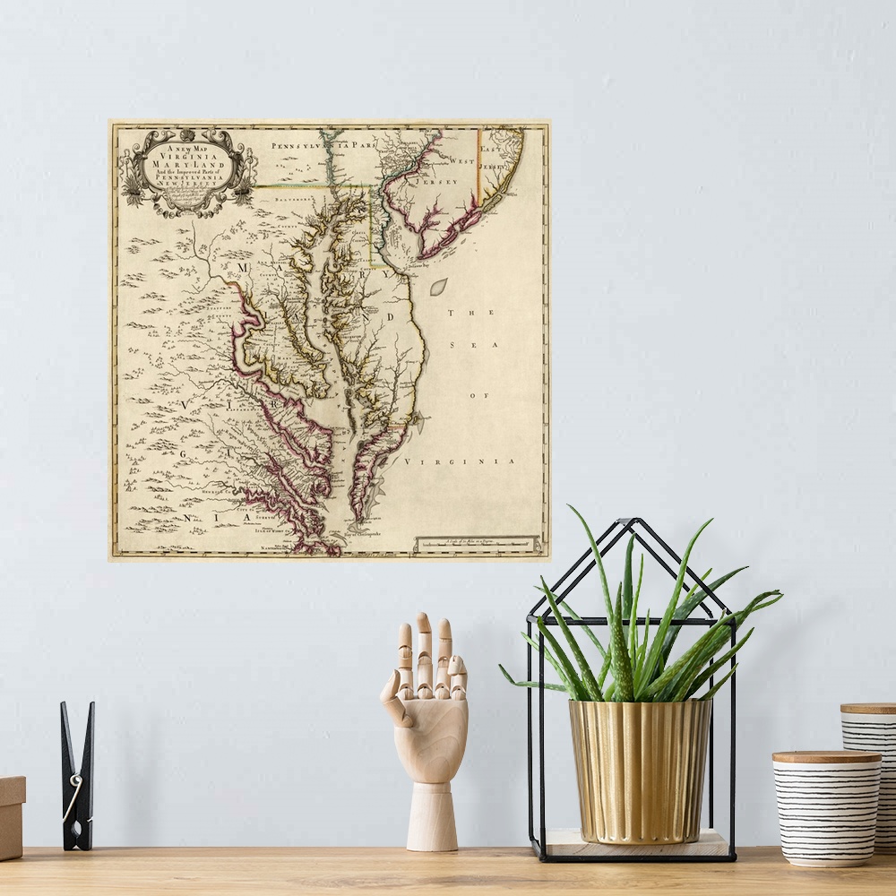 A bohemian room featuring A vintage map highlighting the state of Maryland with other states shown surrounding it.
