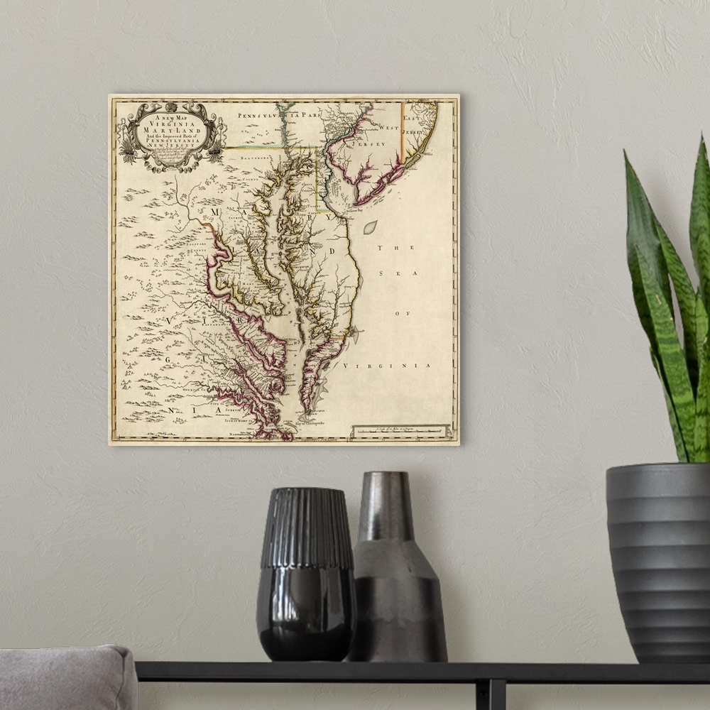 A modern room featuring A vintage map highlighting the state of Maryland with other states shown surrounding it.