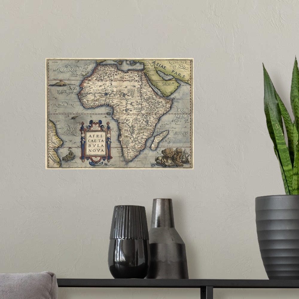 A modern room featuring This large piece is a vintage map of Africa from the 16th century.