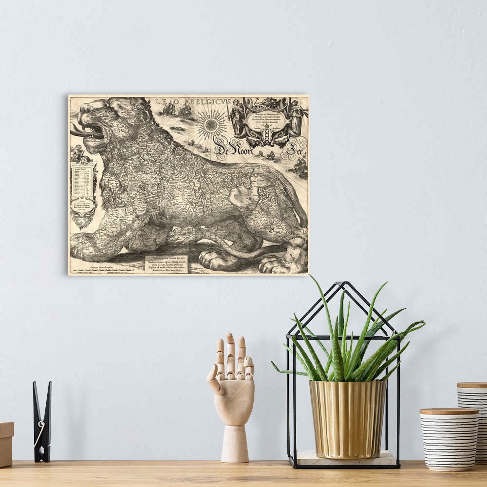 A bohemian room featuring Map of Belgium and the Netherlands shown as a lion.