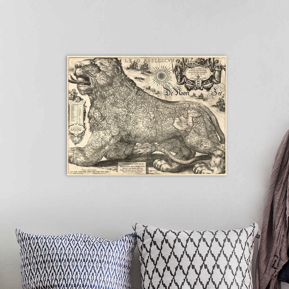 A bohemian room featuring Map of Belgium and the Netherlands shown as a lion.