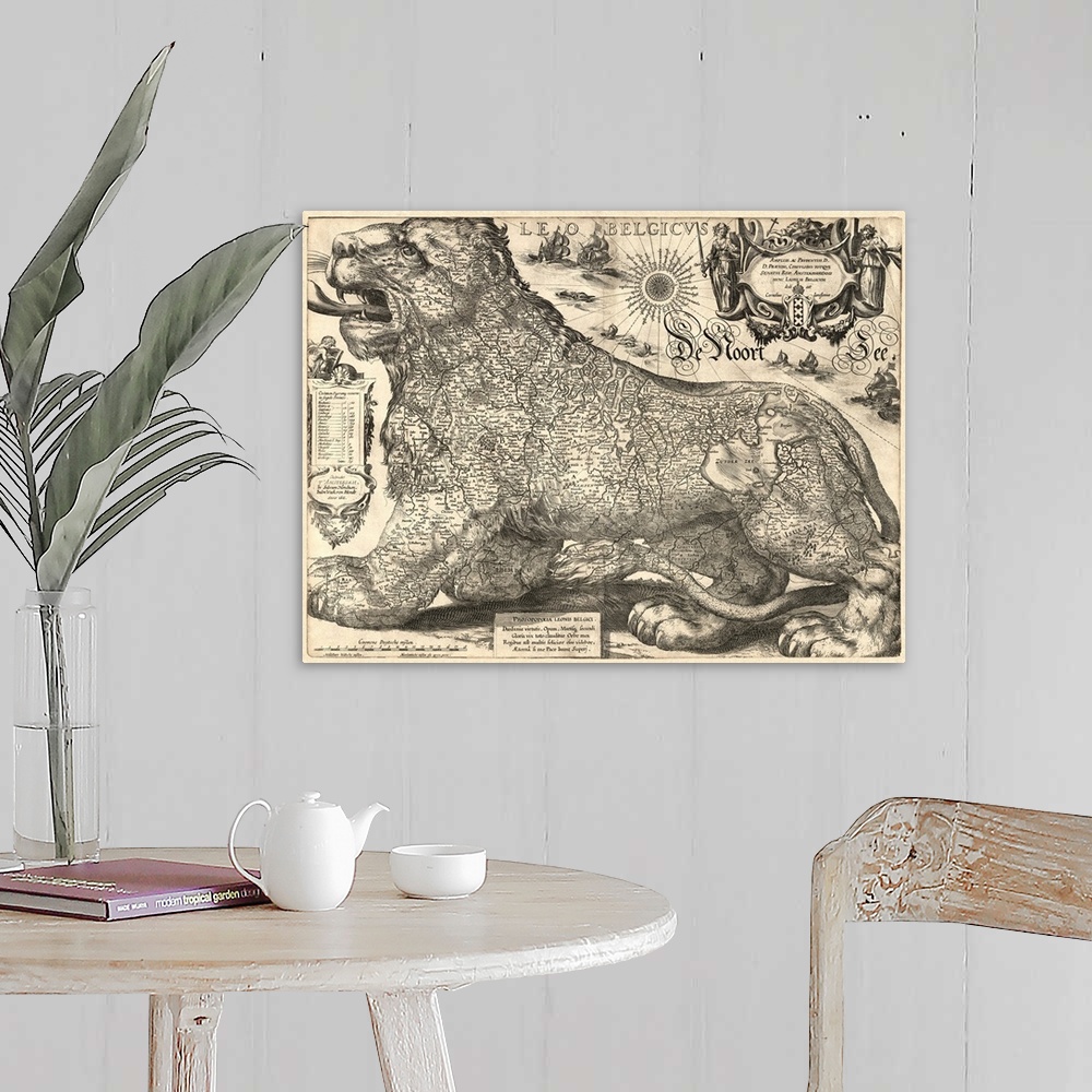 A farmhouse room featuring Map of Belgium and the Netherlands shown as a lion.