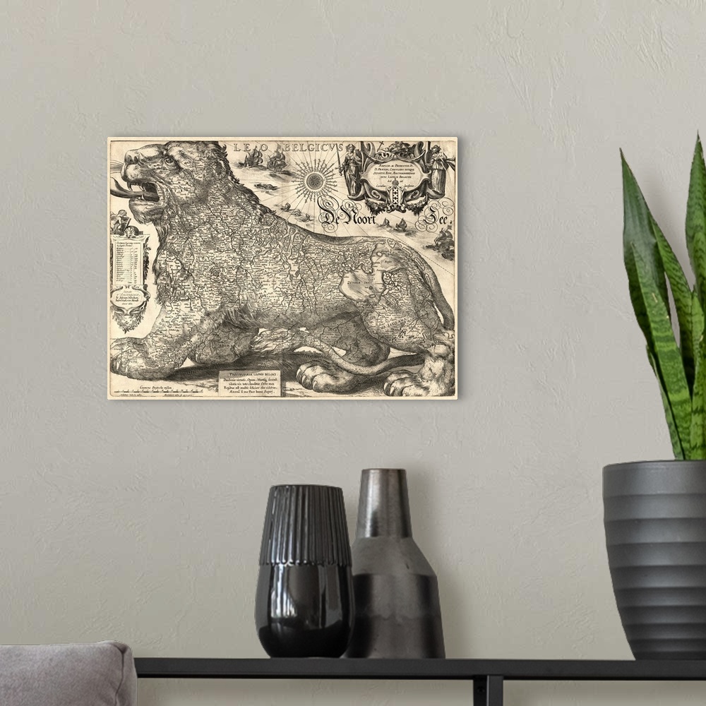 A modern room featuring Map of Belgium and the Netherlands shown as a lion.