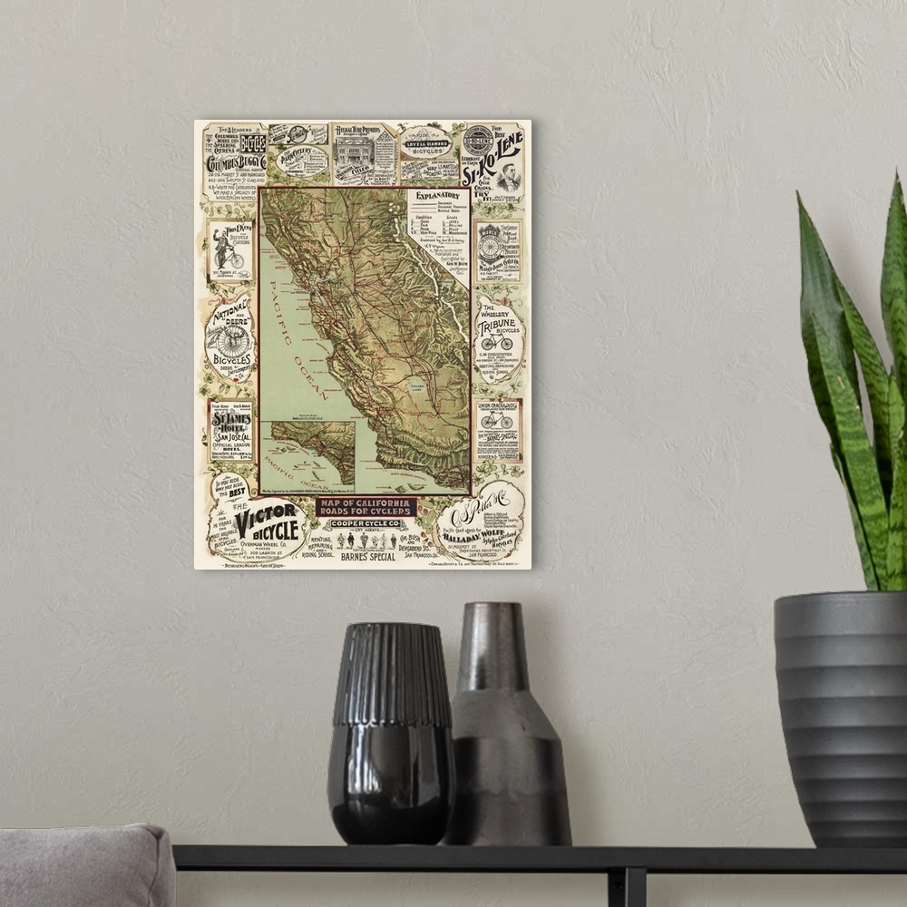 A modern room featuring This map covers most of the state of California, indicating railroads in black and bicycle roads ...