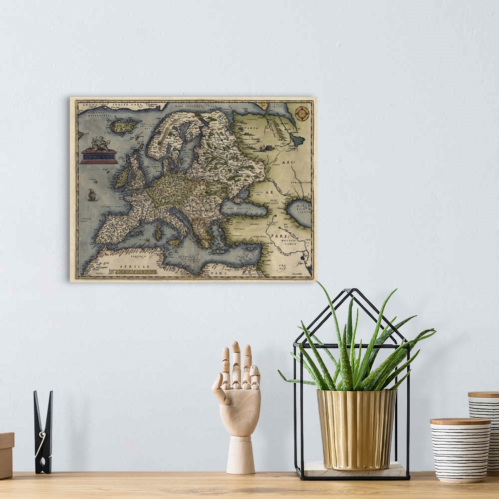 A bohemian room featuring Antique Map of Europe, 1570