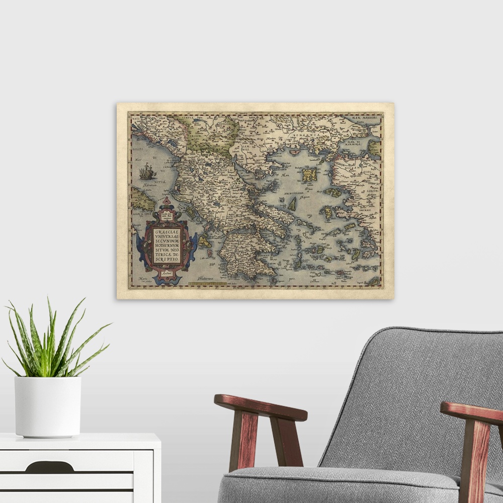 A modern room featuring This large piece is an antique map dated back to 1570 of the country Greece.
