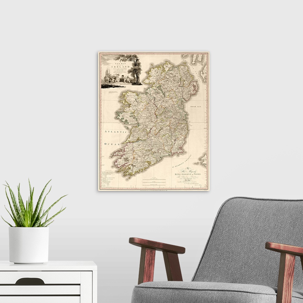 A modern room featuring A New Map of Ireland, Civil and Ecclesiastical