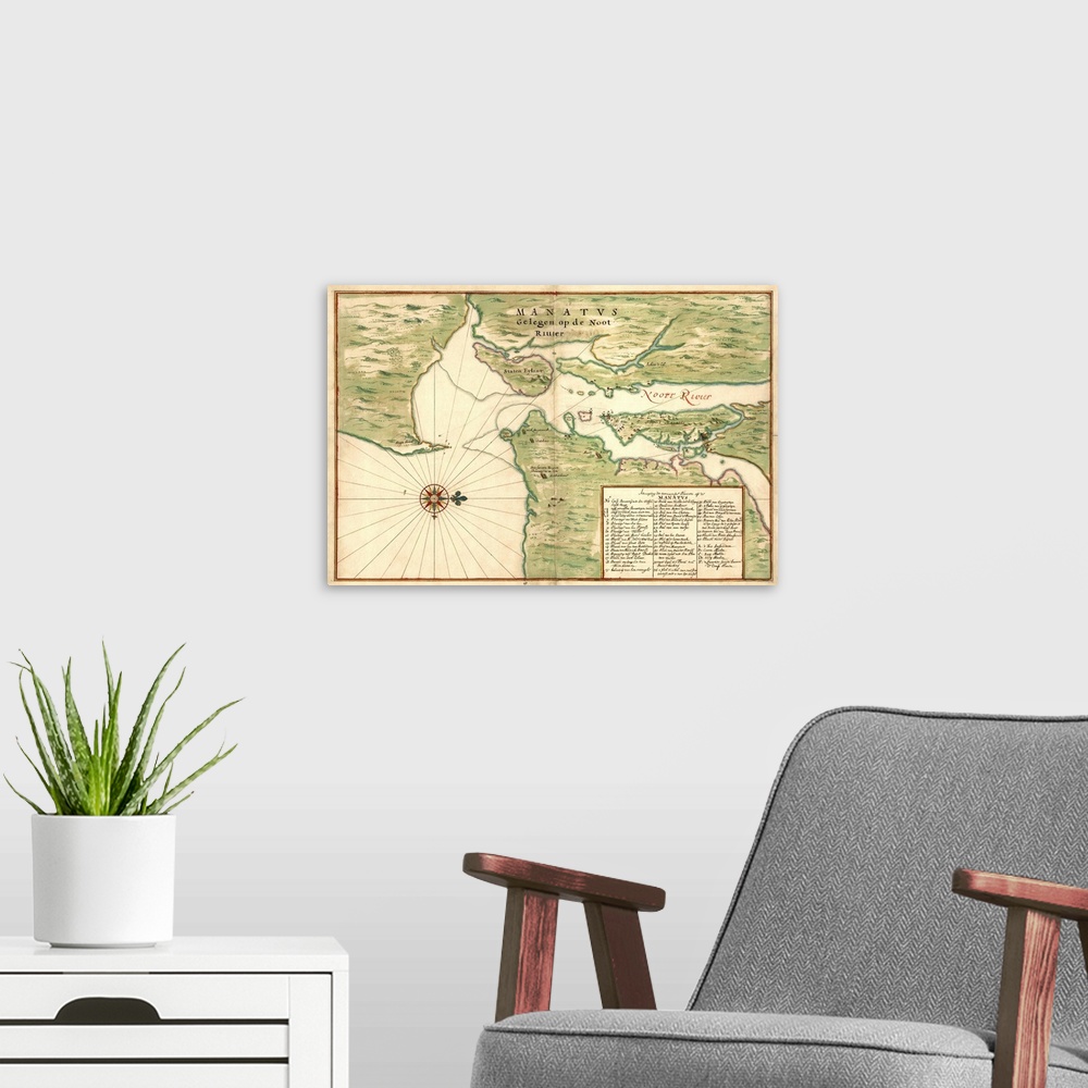 A modern room featuring Map of the New York City region, considered the earliest survey of Manhattan Island (called Eylan...