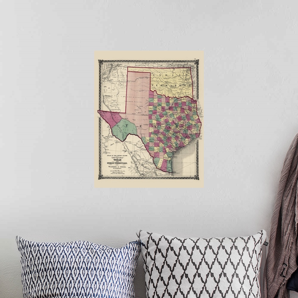 A bohemian room featuring This is a vintage map of the state of Texas and Oklahoma which was still considered Indian territ...
