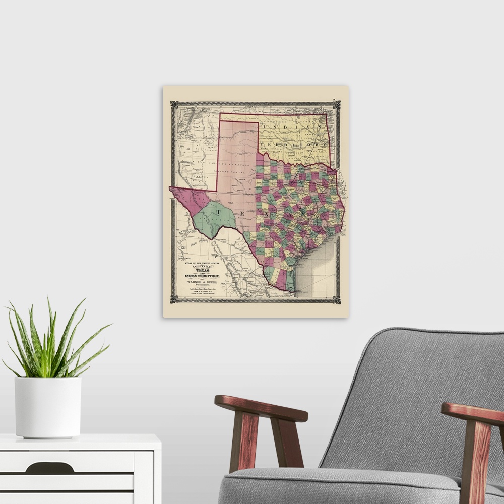A modern room featuring This is a vintage map of the state of Texas and Oklahoma which was still considered Indian territ...