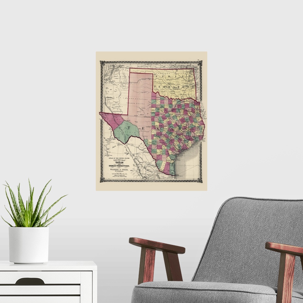 A modern room featuring This is a vintage map of the state of Texas and Oklahoma which was still considered Indian territ...