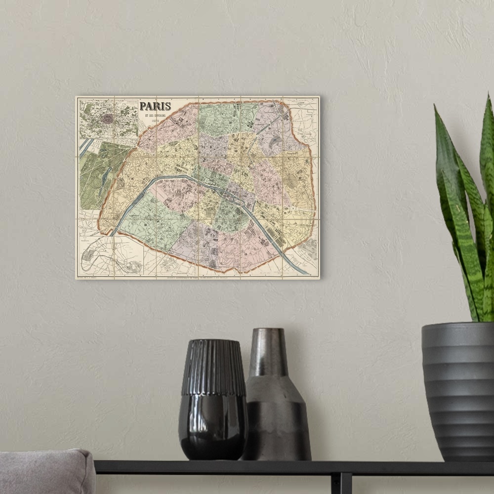 A modern room featuring Antique map of central Paris with the Seine River running through the middle and the different di...