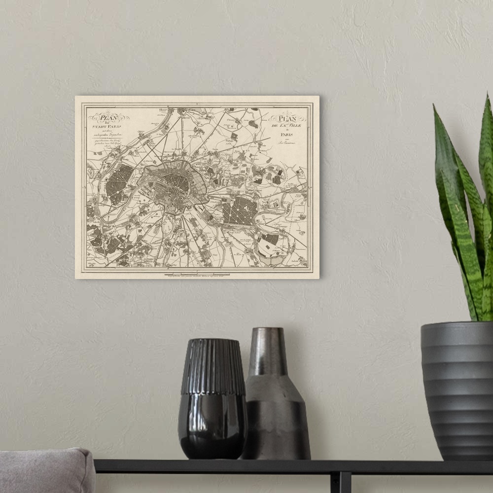 A modern room featuring Vintage map on canvas of the city of Paris, France from 1805.