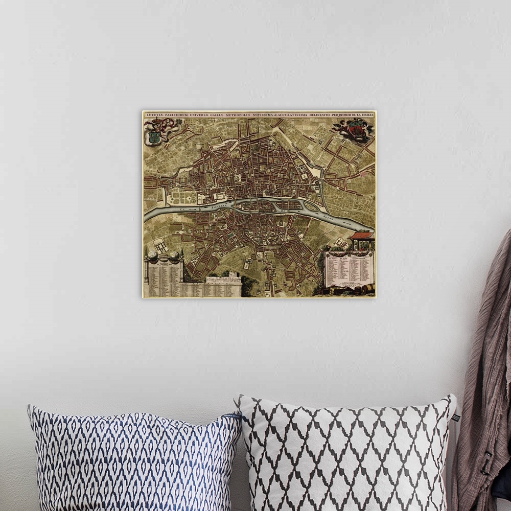 A bohemian room featuring An overhead map of the city with landmarks and roads labeled; a legend below lists buildings and ...