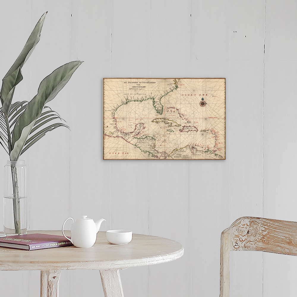 A farmhouse room featuring Navigational chart that shows the coasts of North America and South America from Virginia through...