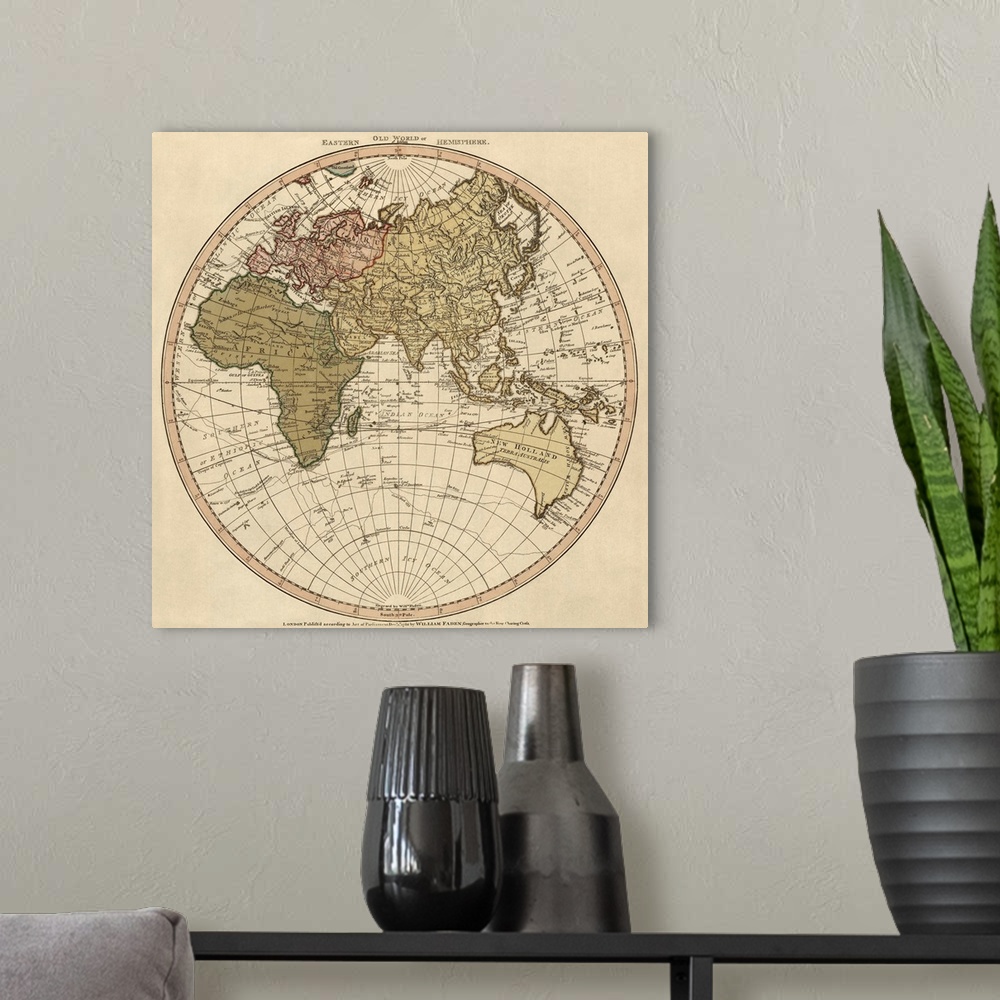 A modern room featuring Map of the Eastern Hemisphere showing the routes of James Cook's voyages to the Pacific Ocean wit...