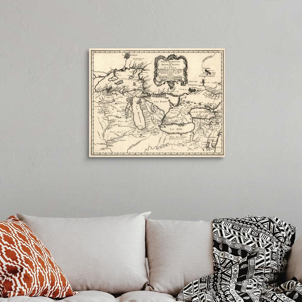 A bohemian room featuring Map of the Great Lakes region, covering the area from Lake Superior to western Quebec, and from D...