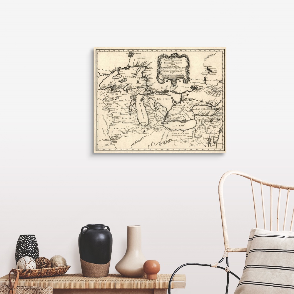 A farmhouse room featuring Map of the Great Lakes region, covering the area from Lake Superior to western Quebec, and from D...