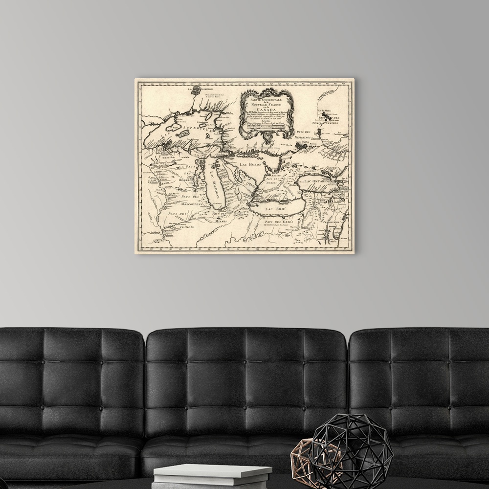 A modern room featuring Map of the Great Lakes region, covering the area from Lake Superior to western Quebec, and from D...