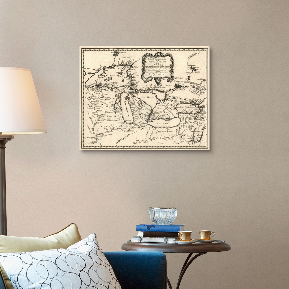 A traditional room featuring Map of the Great Lakes region, covering the area from Lake Superior to western Quebec, and from D...