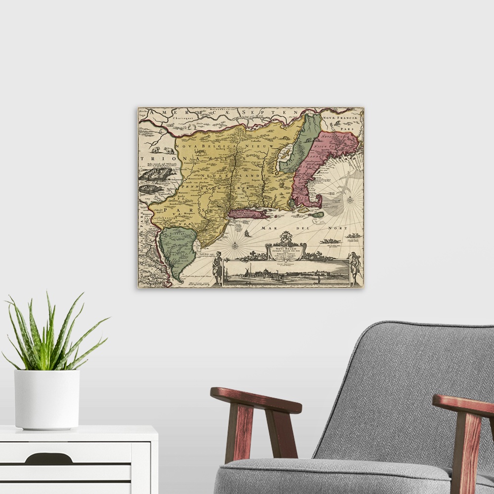A modern room featuring Shows the eastern coast of the US from the Chesapeake Bay north to Maine. The Dutch colony is sho...