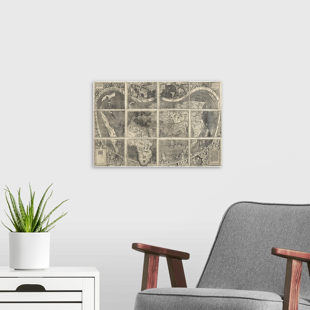 A modern room featuring This vintage map of the world shows the earth sectioned off into twelve grids. The map is in a se...
