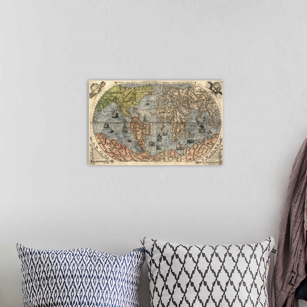 A bohemian room featuring Oversized wall hanging of an antique world map with Italian text on it.