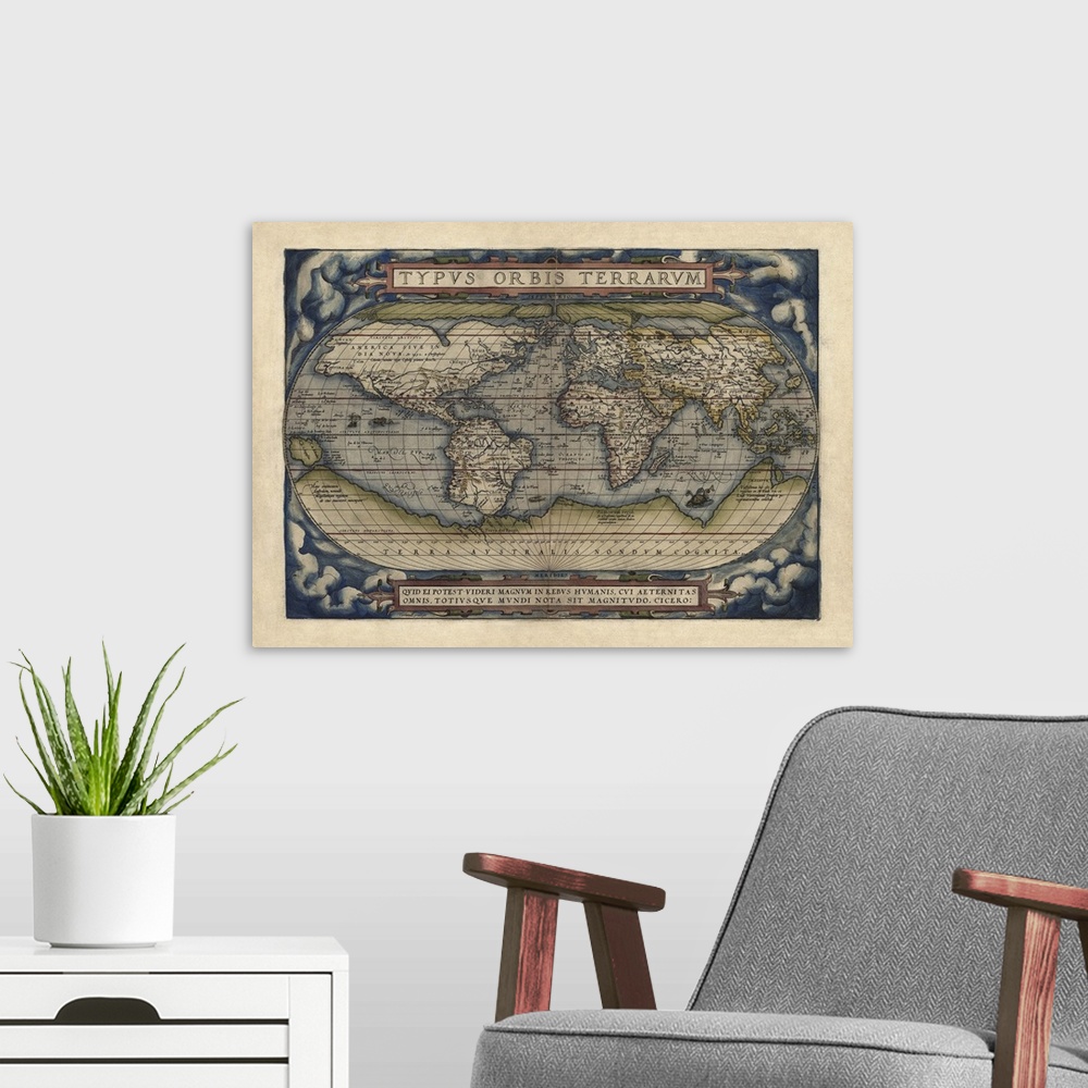 A modern room featuring This decorative wall art is an antique map or the world drawn as a globe complete with latitudina...