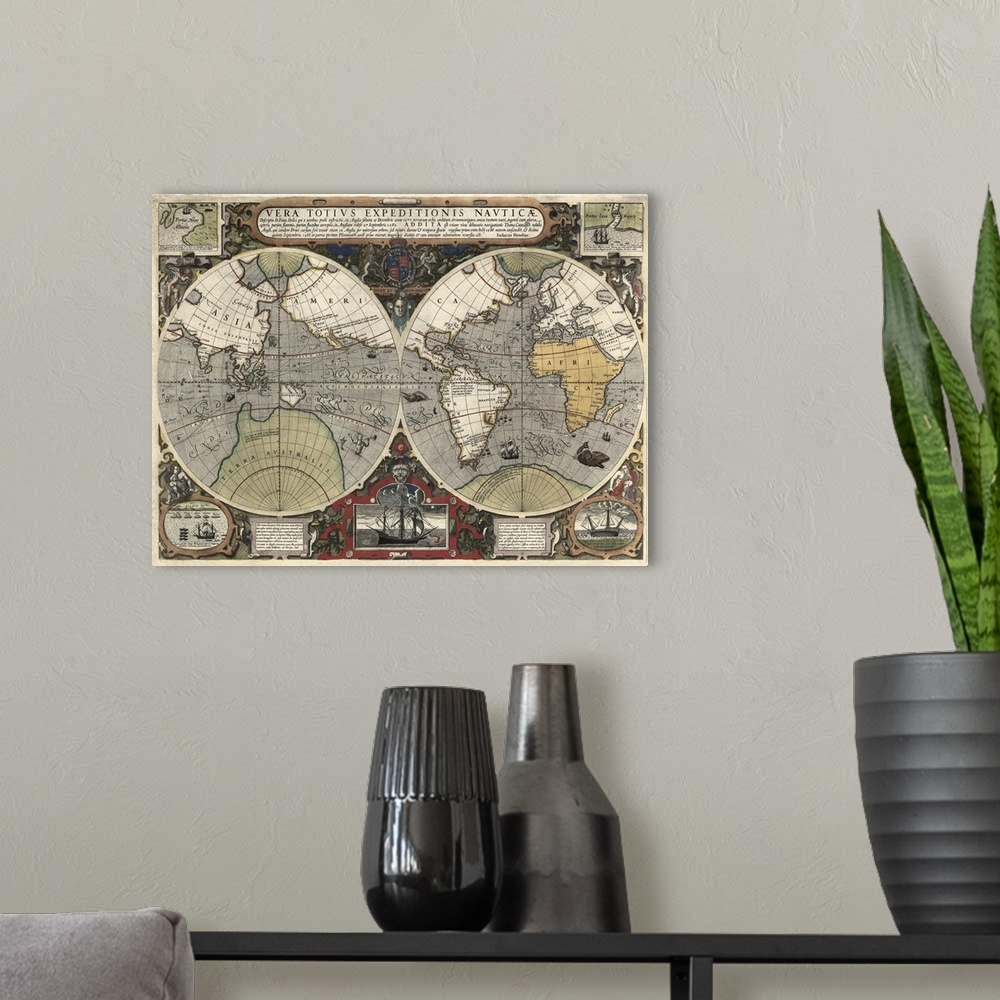 A modern room featuring Shows the routes around the world of both Sir Francis Drake's voyage and that of Thomas Cavendish...