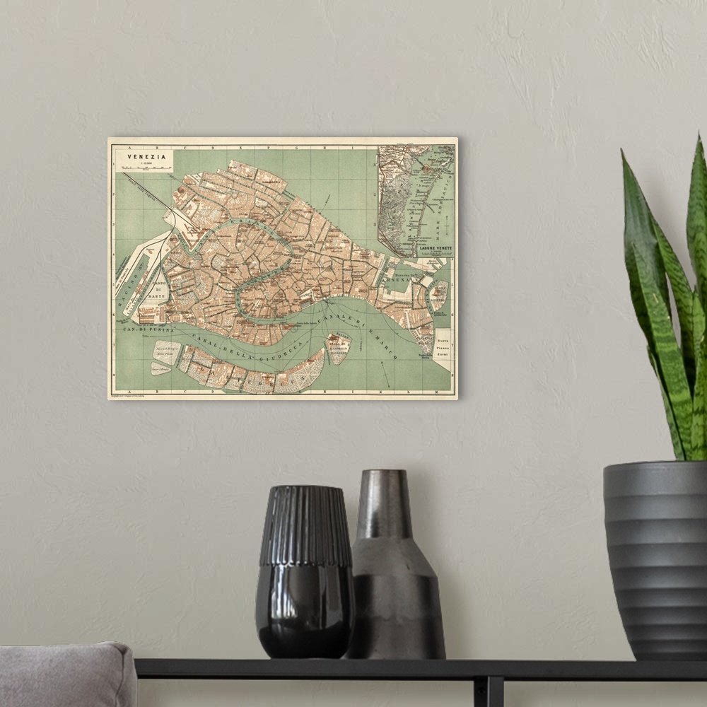 A modern room featuring Antique Map of Venice, ca. 1886