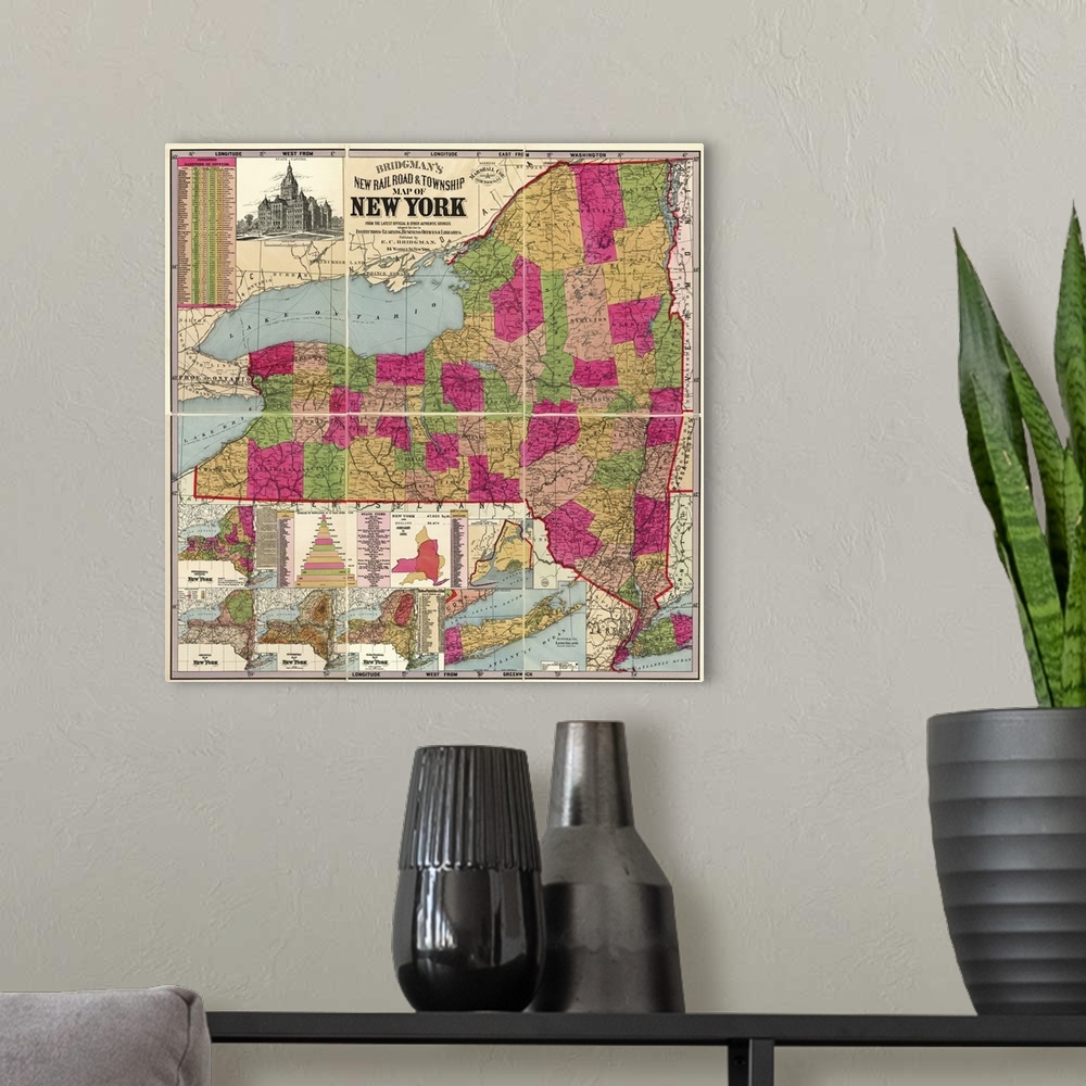 A modern room featuring Bridgman's New Rail Road and Township Map of New York